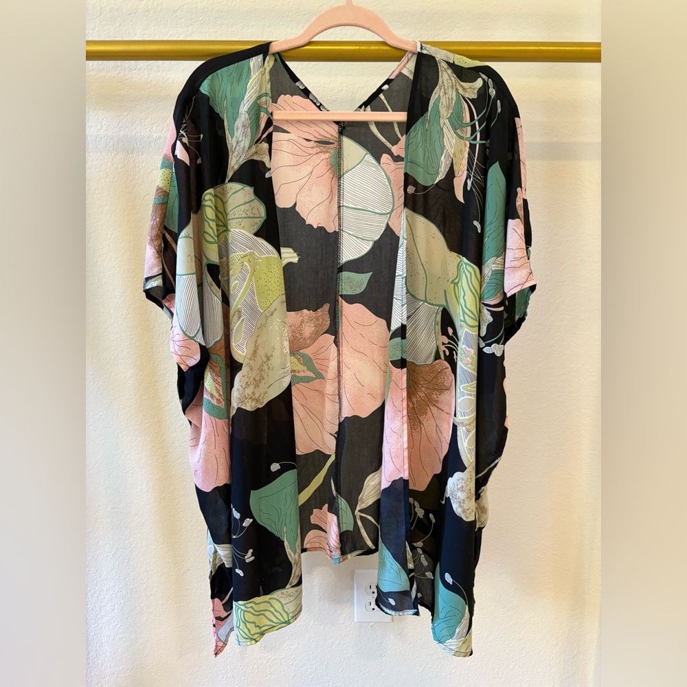 Women’s floral print open sheer cardigan, M/L - black, pink, and mint green
